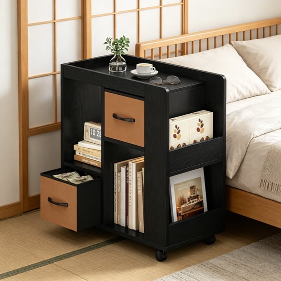 Bookshelf with Storage, Wooden Rolling Bookcase with Wheels, 2 Foldable ...