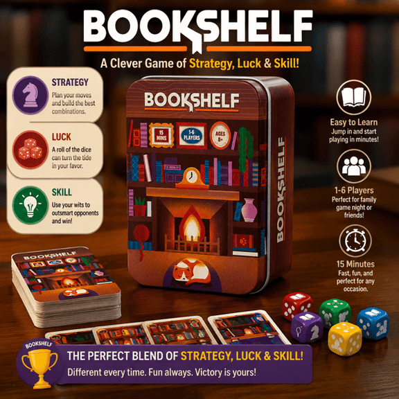 Bookshelf Strategy Stacking Game, Bookcase Balance Card Game in Travel Tin, 15-Minute Tabletop Challenge with Cards and Dice, Library Shelf Game for Teens, Adults & Family Game Night