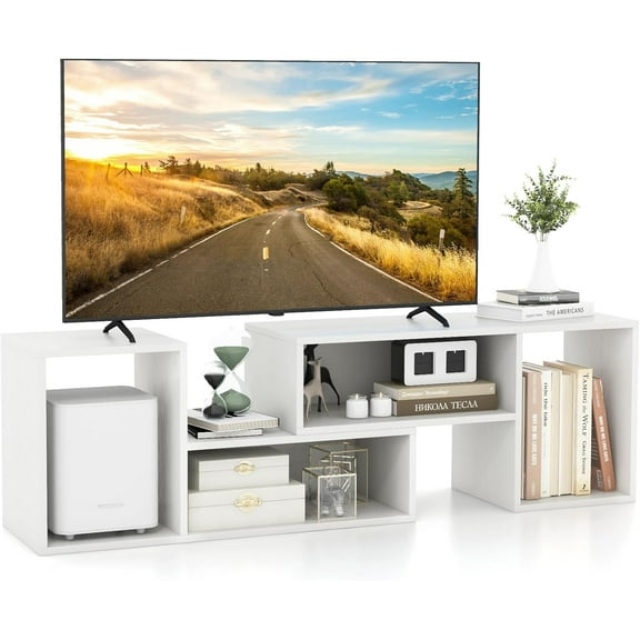 Bookshelf TV Stand for TVs up to 55", 2 Pieces Free-Combination Entertainment Center with Storage Cubes, Modern Media TV Console Table, Open Storage Bookcase for Living Room, Bedroom (White)