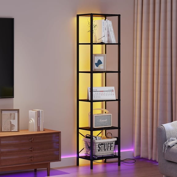 Bookshelf, Tall Narrow Bookcase with LED Lights, Steel Frame, Display Storage Shelf