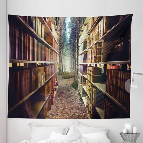 Bookshelf Tapestry, Digital Illustration of Abstract Design Library in Forest Academic Themed Picture, Fabric Wall Hanging Decor for Bedroom Living Room Dorm, 5 Sizes, Multicolor, by Ambesonne