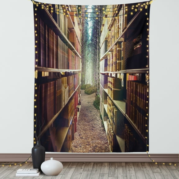 Bookshelf Tapestry, Digital Illustration of Abstract Design Library in Forest Academic Themed Picture, Wall Hanging for Bedroom Living Room Dorm Decor, 40"W X 60"L, Multicolor, by Ambesonne