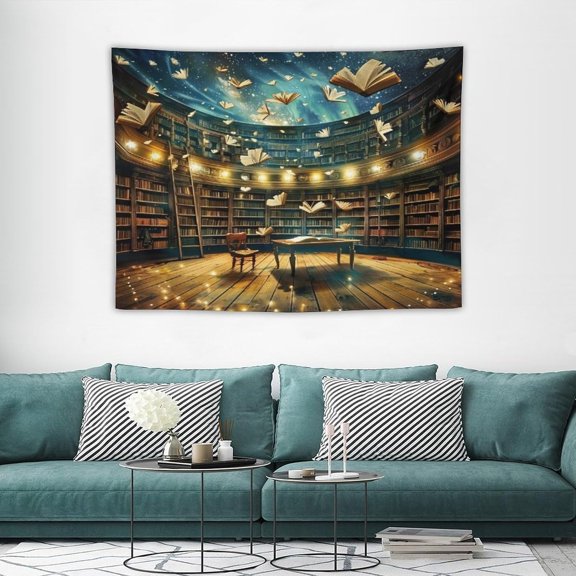 Bookshelf Tapestry Magical Library Books Flying Starry Sky Pattern Printed Tapestry Wall Hanging for Bedroom Living Room Dorm 40" L x 30" W