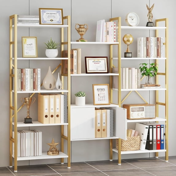 Bookshelf Triple Wide 5 Tier Bookcases with Storage Cabiet, Idustrial Large Moder Tall Bookshelves with 12 Ope Display Shelves for Livig Room Office Bedroom, White ad