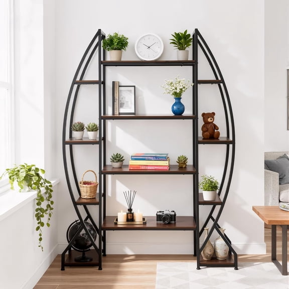 Bookshelf, Triple Wide 5 Tier Etagere Bookcase, 75 Inch Display Shelves, Rustic Open Shelving Organizer Rack Display Shelf for Home Office, Living Room
