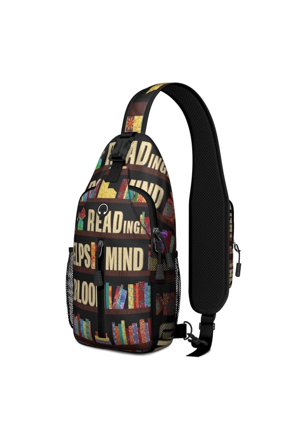 Bookshelf Wall Pattern Sling Bag, Library Reading Crossbody Backpack for Bookworms, Born to Read Travel Daypack