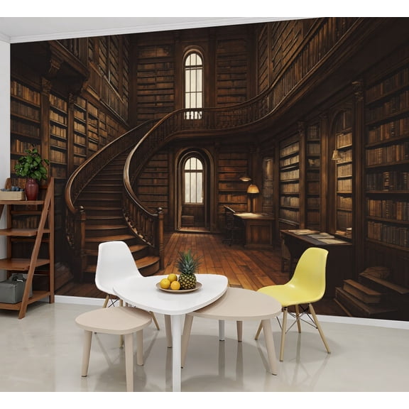 Bookshelf Wallpaper Vintage Bookshelf Antique Old Book Spiral Wooden Peel and Stick Wall Murals 69"H x 96"W Removable PVC Wall Paper Self-Adhesive Wall Paintings Art Decor for Book Lovers Bookworm