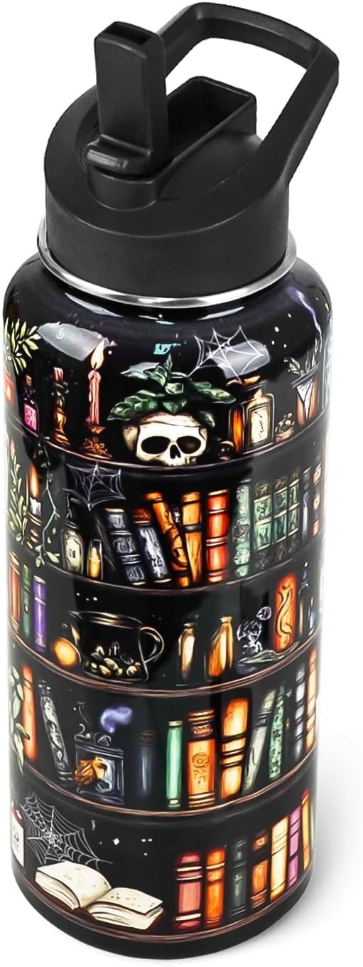 Bookshelf Water Bottle with Straws Halloween Skull Goth Insulated ...