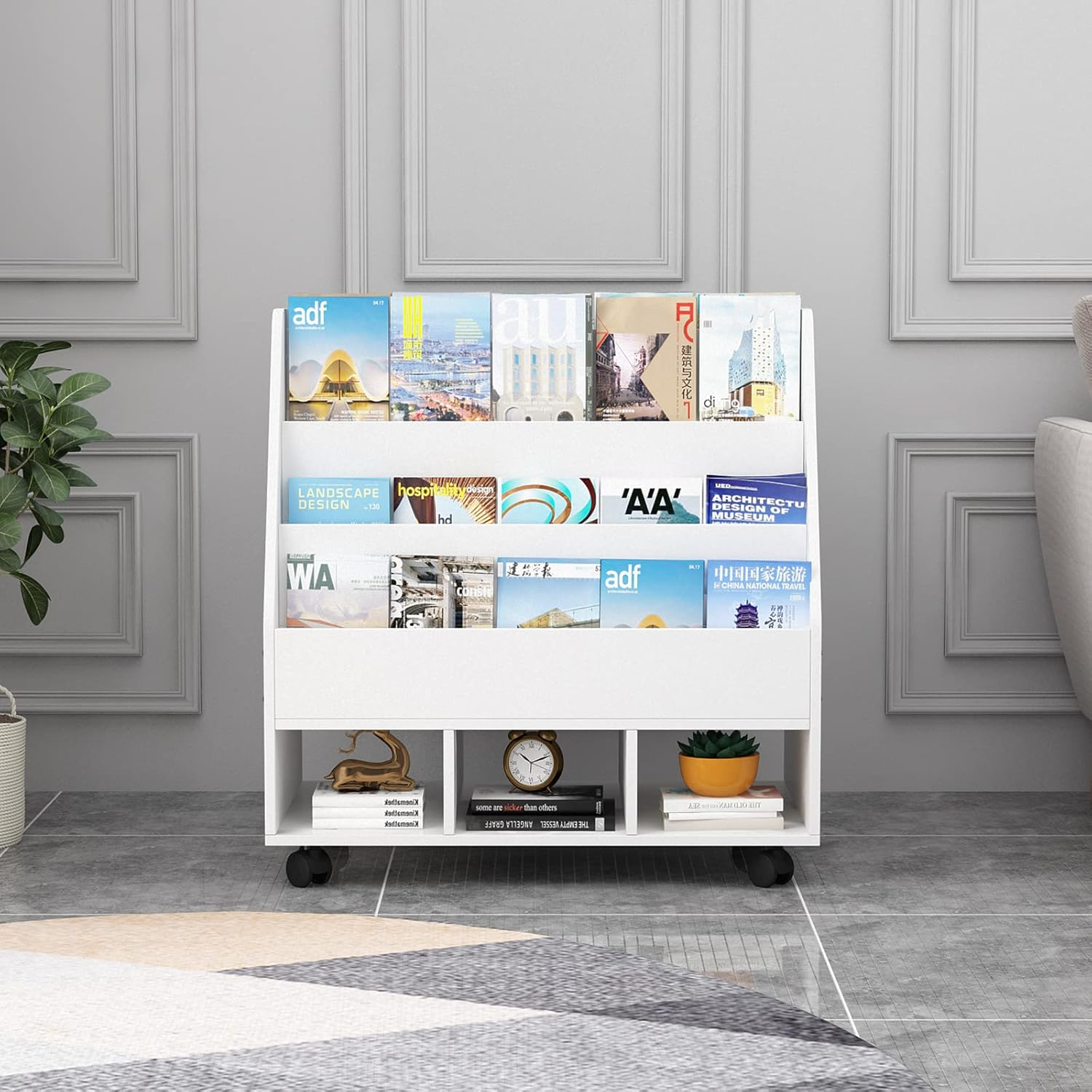 Bookshelf with Wheels Wooden Toy Storage Organizer Holder with