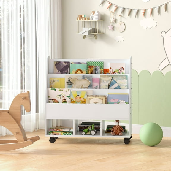 Bookshelf with Wheels, Wooden Toy Storage Cabinet Organizer Holder with 3 Cubes, 2-in-1 Bookcase Display Rack Book Rack for Classroom, Nursery, Kindergarten