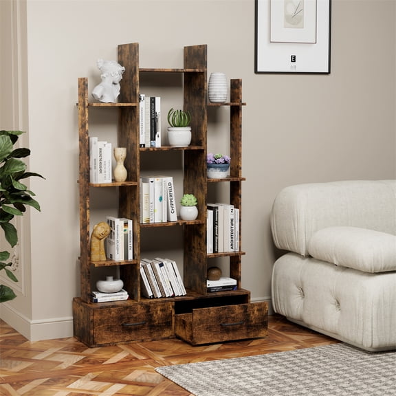 Bookshelf With 2 Drawers Industrial Floor Standing Open Display Shelving 12 Storage Shelves Book Case For Bedroom Living Room