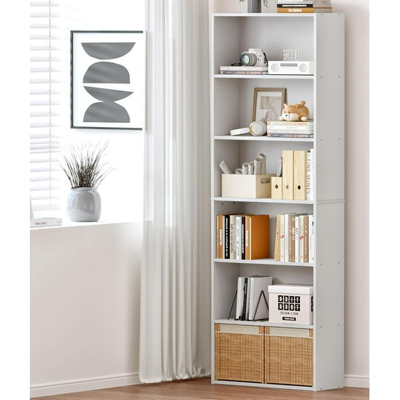 Bookshelf and Bookcase, Floor Standing 6-Tier Display Storage Shelves for Living Room, Home Office, and Bedrooms, White