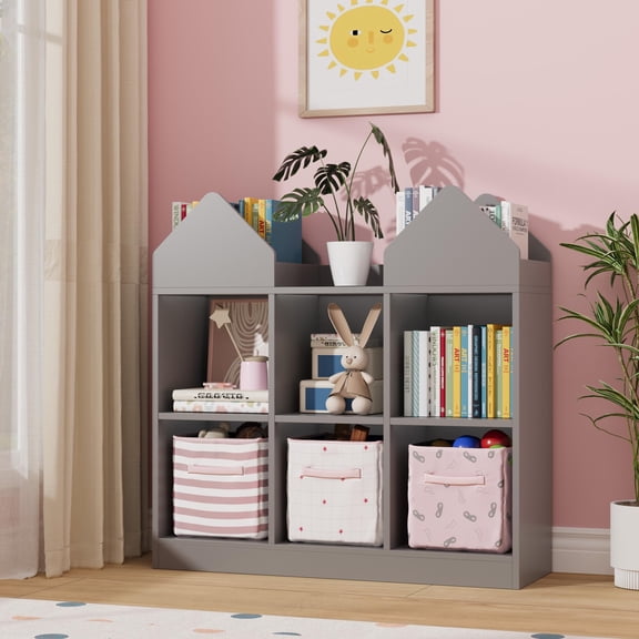 Bookshelf and Storage Organizer, Grey, 4 Book Racks and 6 Open Cubbies, Castle Design Bookcase Chest Box for Playroom, Preschool