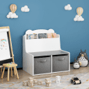 Bookshelf with 2 Fabric Bins Wooden Toy Organizer & Storage Bin for Books & Toys, Toddler Bookcase with Display Shelf, White & Gray