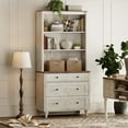 thumbnail image 1 of WAMPAT Farmhouse 72" Tall Bookcase, Large Display Book Case Shelf with 3-Tier Open Book Shelves and 3 Drawers, 3 Tier Bookshelf for Living Room, Library, Study Room, Bedroom, Office, Rustic White, 1 of 7
