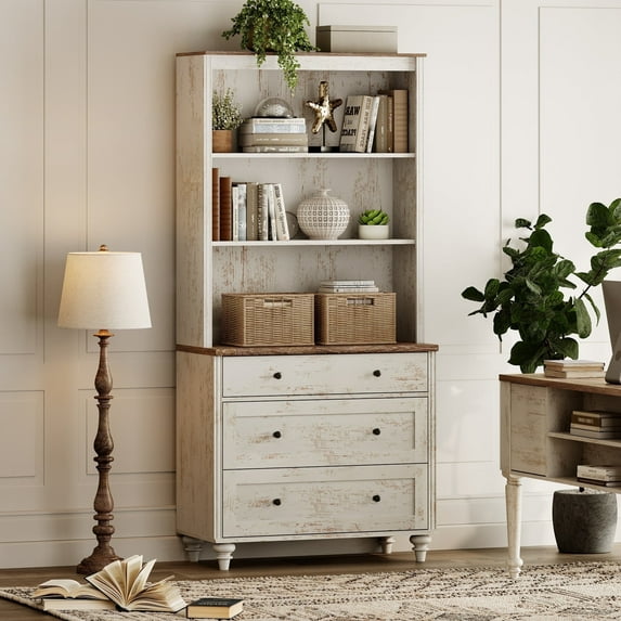 WAMPAT Farmhouse 72" Tall Bookcase, Large Display Book Case Shelf with 3-Tier Open Book Shelves and 3 Drawers, 3 Tier Bookshelf for Living Room, Library, Study Room, Bedroom, Office, Rustic White