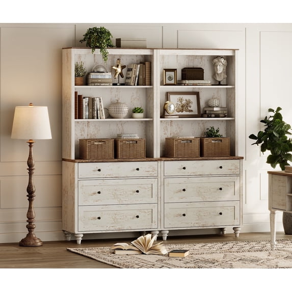 WAMPAT 72" Bookshelf with 3 Drawers, Tall Bookcase Large Display Book Case Shelf with 3 Tier Open Book Shelves,Library Wooden Bookshelves for Living Room,Office, Bedroom, Rustic White (2PCS)