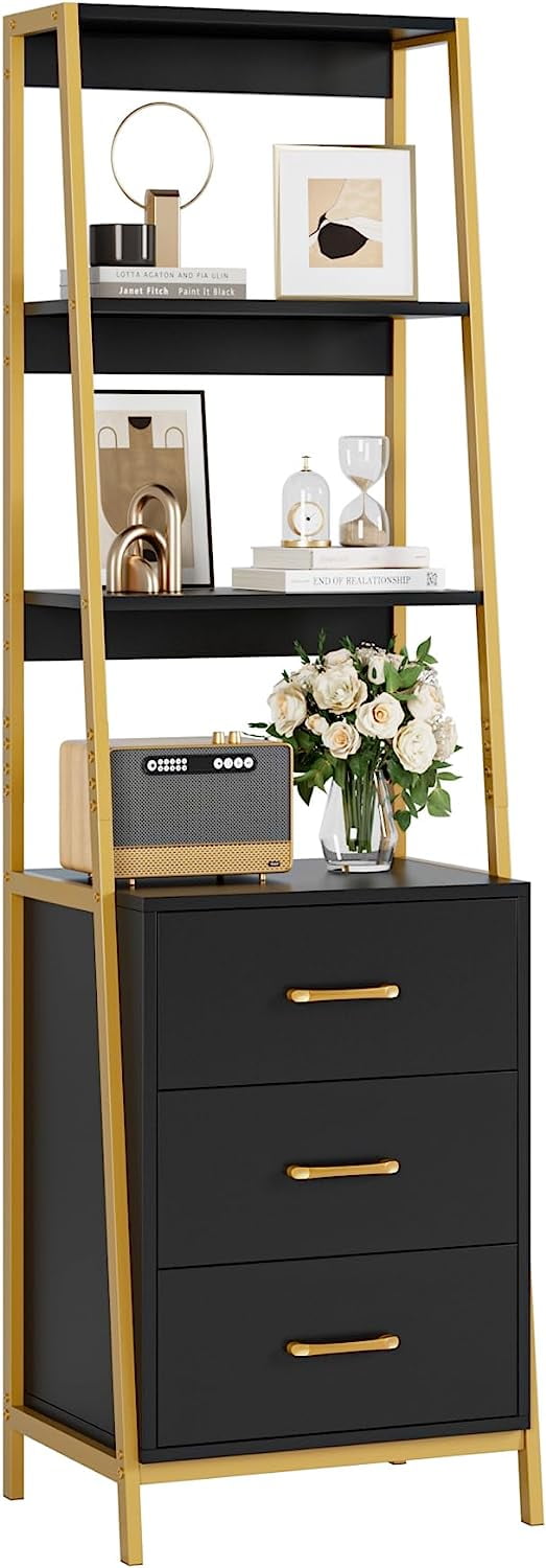 Bookshelf with 3 Wooden Drawers, 4 Tiers Open Storage Shelves, Tall