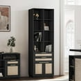 thumbnail image 1 of Bookshelf with Doors and 2 Drawers, 73 inch Tall Rattan Bookcase with 4-Tier Storage Shelves, Wooden Book Shelf for Home Office, Living Room, Black, 1 of 18