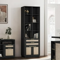 Bookshelf with Doors and 2 Drawers, 73 inch Tall Rattan Bookcase with 4-Tier Storage Shelves, Wooden Book Shelf for Home Office, Living Room, Black