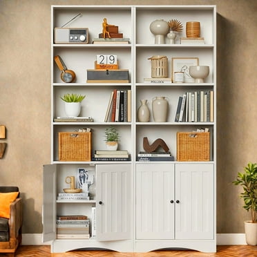Tall Bookshelf, Lofka Bookcase with Doors , 4 Tier Storage Bookshelf for Home Office, Living Room, White