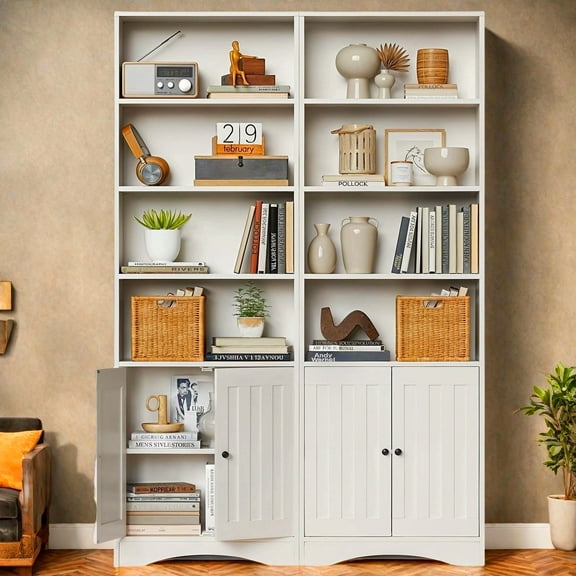 Tall Bookshelf, Lofka Bookcase with Doors , 4 Tier Storage Bookshelf for Home Office, Living Room, White