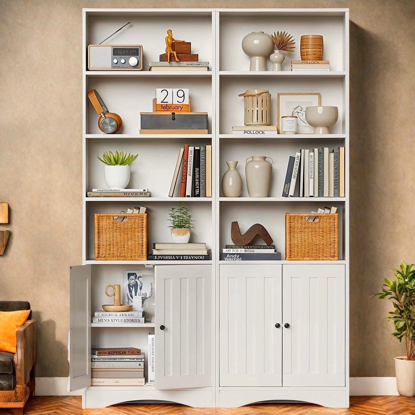 Tall Bookshelf, Lofka Bookcase with Doors , 4 Tier Storage Bookshelf for Home Office, Living Room, White