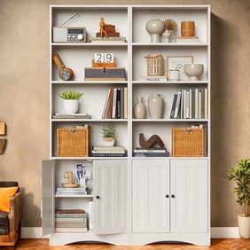 Tall Bookshelf, Lofka Bookcase with Doors , 4 Tier Storage Bookshelf for Home Office, Living Room, White