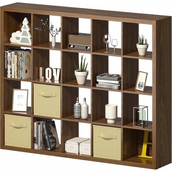 Bookshelf with Storage Bins, 20-Cube Storage Organizer Sturdy Wooden Bookcase Open Book Shelf, Furniture for Living Room Bedroom Office, Classic Oak
