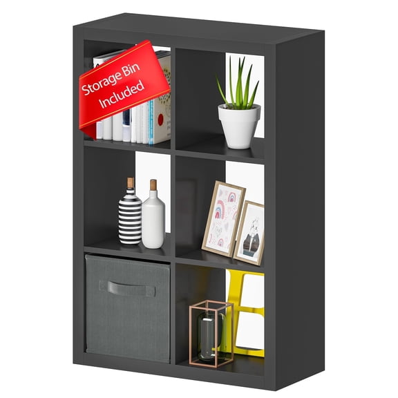 Bookshelf with Storage Bins, 6 Cube Storage Organizer, Modern Wood Bookcase, Multifunctional Display Shelf for Living Room (Matte Black, 6 Cube)