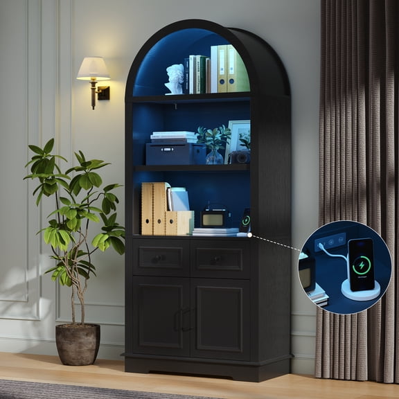 IDEALSOUL 71" Tall Bookshelf, 5-Tier Wooden Bookcase, Tall Arched Cabinets with Storage and LED Lights, Floor Standing Modern Style Display Book shelf with Door, 2 draws and Adjustable Shelves