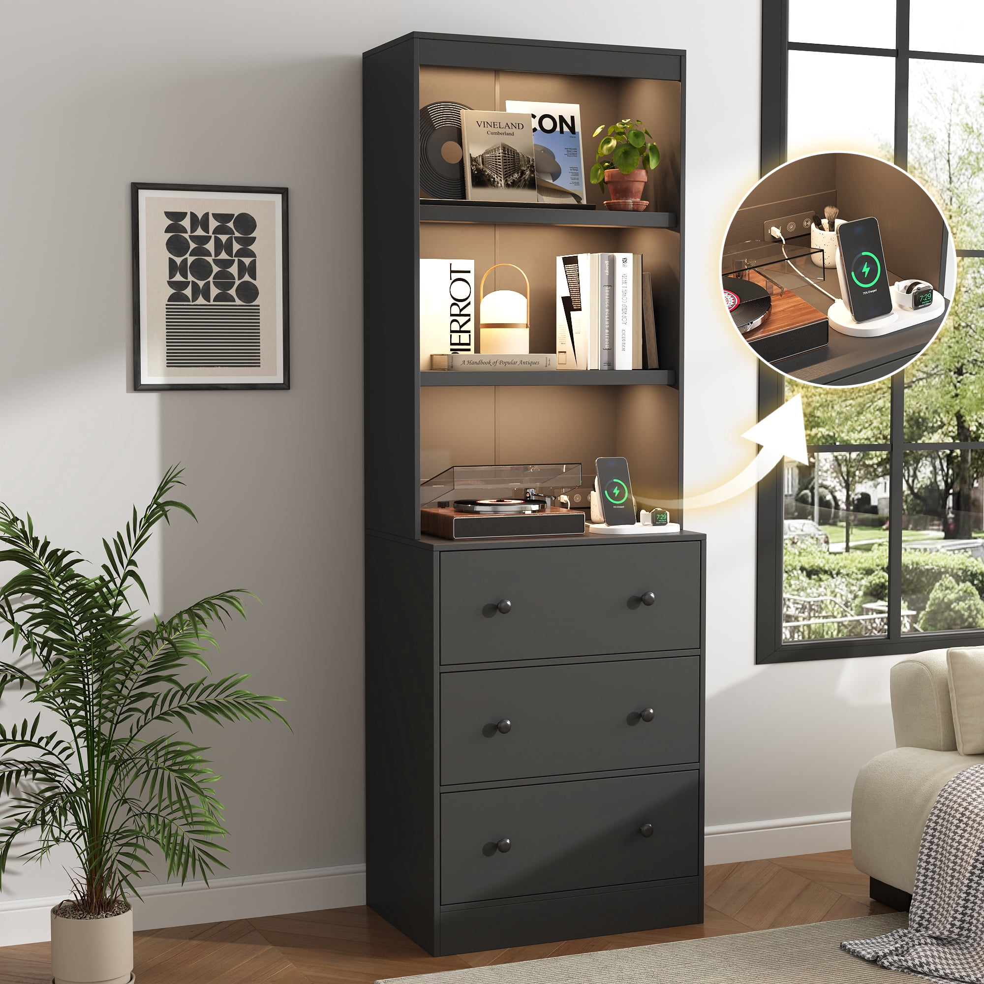 IDEALSOUL 71” Tall Bookshelf with Drawers, Black Wooden Bookcase with Charging Station & LED Lights, Freestanding Display Cabinet with Shelves & Large Storage Space for Living Room, Office, Bedroom