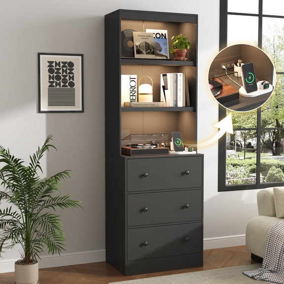 IDEALSOUL 71” Tall Bookshelf, Black Bookcase with Charging Station, Extra Large Freestanding Display Cabinet with Motion-Sensor LED and 3 Large Drawer