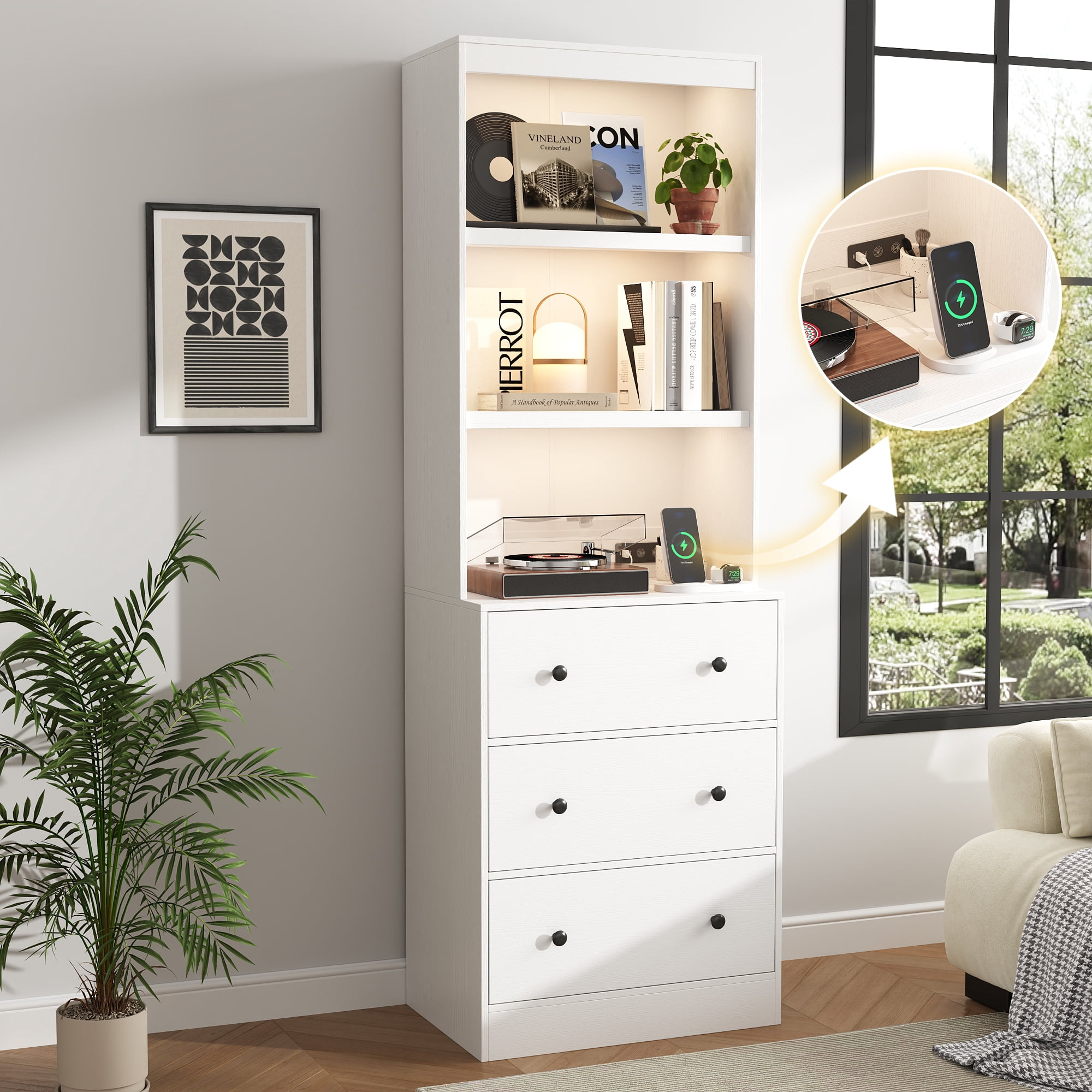 IDEALSOUL 71” Tall Bookshelf with Drawers, White Wooden Bookcase with Charging Station & LED Lights, Freestanding Display Cabinet with Shelves & Large Storage Space for Living Room, Office, Bedroom
