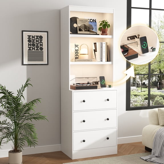 IDEALSOUL 71” Tall Bookshelf with Drawers, White Wooden Bookcase with Charging Station & LED Lights, Freestanding Display Cabinet with Shelves & Large Storage Space for Living Room, Office, Bedroom