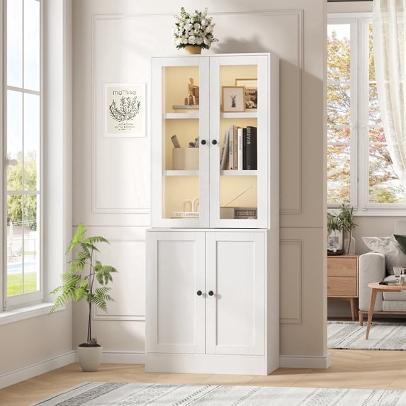 IDEALSOUL 71" Tall Bookcase with Doors and LED Lights, White Wooden Bookcase with Charging Station, Freestanding Display Cabinet with Large Storage Space for Living Room, Office, Bedroom