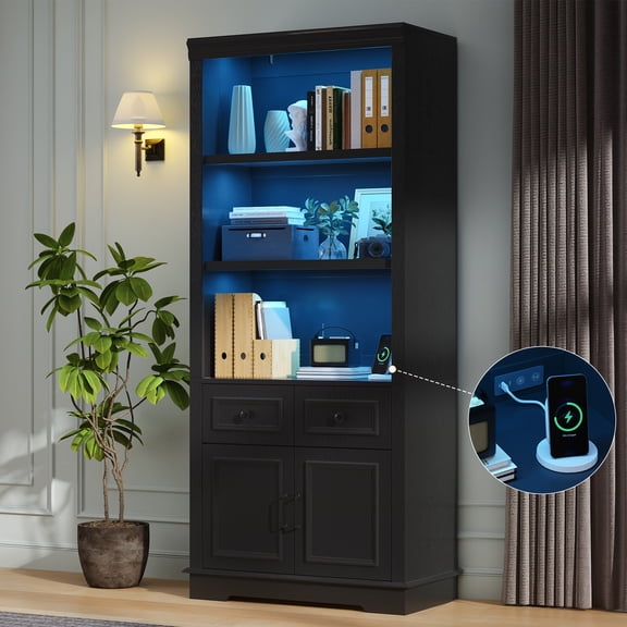 IDEALSOUL Bookshelf with Drawers, 71" Tall Bookcase with Doors and Adjustable Shelves, Pantry Cabinet with LED Light and Charging Station for Bedroom Living Room