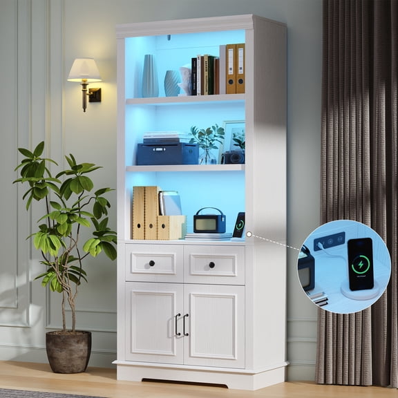 IDEALSOUL Bookshelf with Drawers, 71" Tall Bookcase with Doors and Adjustable Shelves, Pantry Cabinet with LED Light and Charging Station for Bedroom Living Room