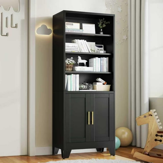 Bookshelves and Bookcase with Doors, Freestanding Metal Bookshelf with Adjustable Shelves, Detachable Large Open Bookshelves, Modern Display Shelf for for Home Office, Living Room, Black