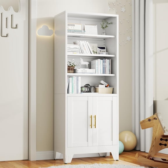 Bookshelves and Bookcase with Doors, Freestanding Metal Bookshelf with Adjustable Shelves, Detachable Large Open Bookshelves, Modern Display Shelf for for Home Office, Living Room, White