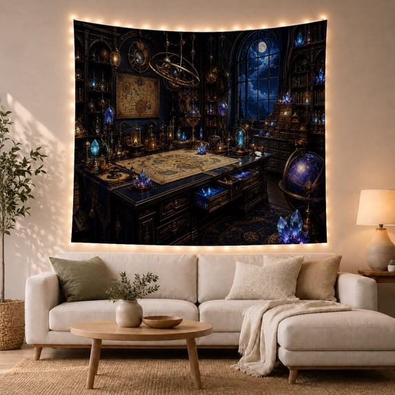 Bookshelves with Moonlit Window and Crystals, Mystical Dark Academia for Book Lovers, Wall Art, Housewarming Gift, Tapestry Wall Hanging for Home Library, Study Room and Office