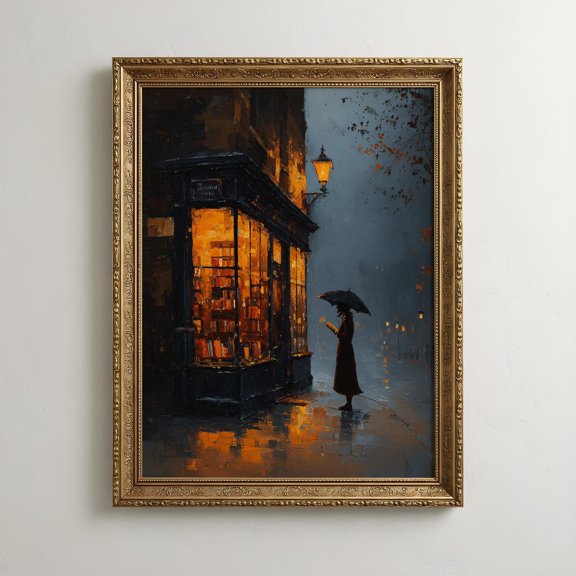 Bookshop At Night Wall Art Print Cozy Rainy Bookstore Print Gift For Book Lover Literary