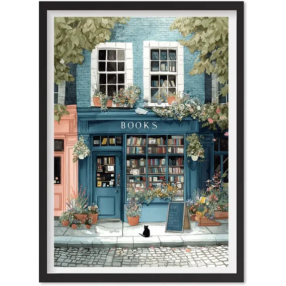 Bookshop Wall Art – Cozy Bookstore Illustration Print, Whimsical Reading Nook Poster, Matte Canvas Stretched, Posters for Room Bedroom Living Room Bathroom Wall Decor, Posters & Art Prints, Gift.