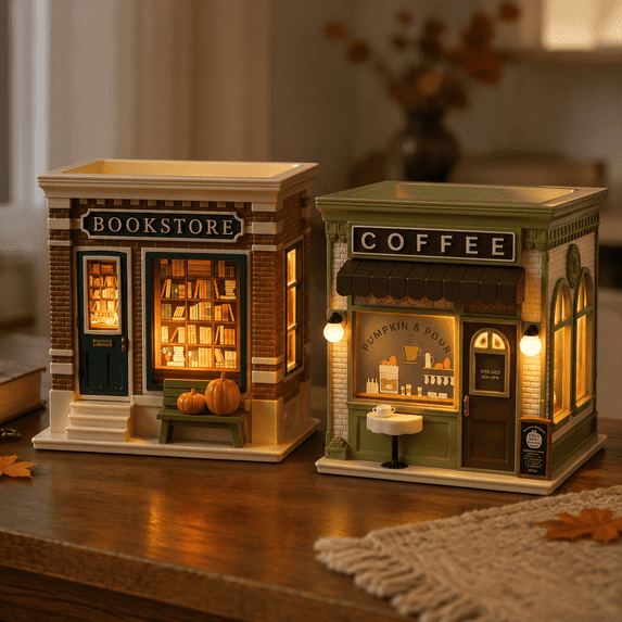 Bookstore and Coffee Shop Candle Holder, Light Up Cafe Book Decor, Colorful 3 Wick Candle Stand, Literary Tabletop Accent For Living Room Bedroom Office Home Decoration