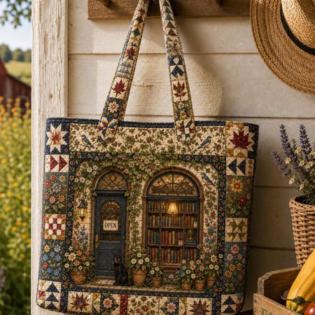 Bookstore Quilted Tote Bag, Cottagecore Library Shoulder Bag, Black Cat Book Lover Gift, Floral Patchwork Market Tote ORD-PUI35