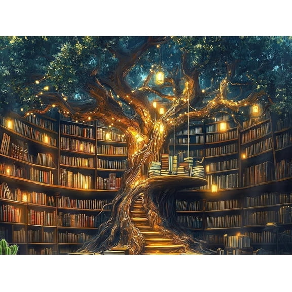 Bookstore Stamped Cross Stitch Kits for Adults -Tree House Embroidery Kits for Beginners Adults,11 CT Patterns Dimensions Counted Cross Stitch Kits for Adults Arts Craft 12x16 inch