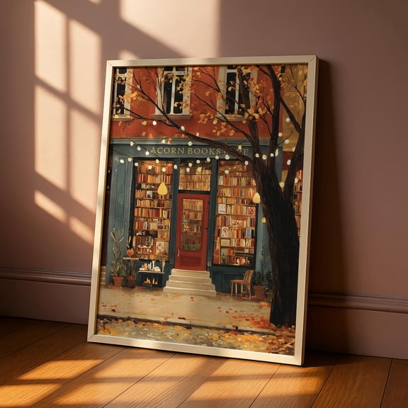 Bookstore Wall Art, Autumn, Fall Bookshop Print, Reading Nook Poster, Cozy Literary Home Decor, Vintage City Street Art Acorn Books UNFRAMED PAPER POSTER, Home Decor, Living Room Dercor