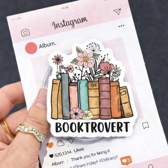 Booktrovert Magnetic Phone Grip, Cute Book Stack with Flowers Phone Holder Stand for iPhone and Smartphones, Book Lover Reading Accessory Gift