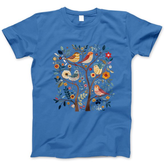 Women's White Short Sleeve T-Shirt Featuring Colorful Birds and Whimsical Floral Tree Graphic – Soft Cotton Casual Tee for Nature and Animal Lovers