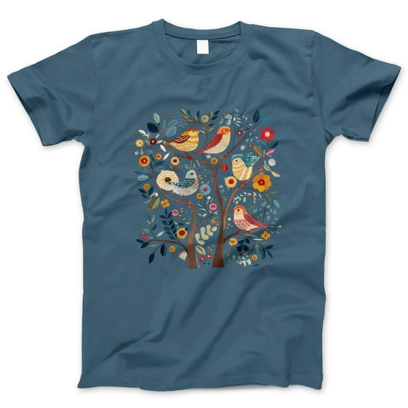 Women's White Short Sleeve T-Shirt Featuring Colorful Birds and Whimsical Floral Tree Graphic – Soft Cotton Casual Tee for Nature and Animal Lovers